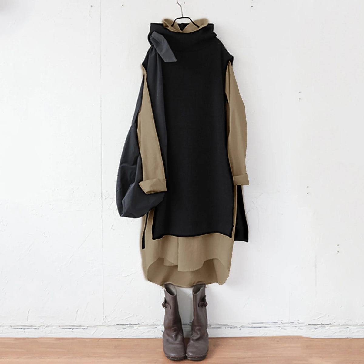 ぽわんとゆったり 秋冬レイヤードセット ニットベスト付きシャツワンピ