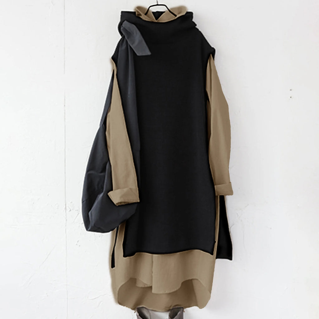 ぽわんとゆったり 秋冬レイヤードセット ニットベスト付きシャツワンピ
