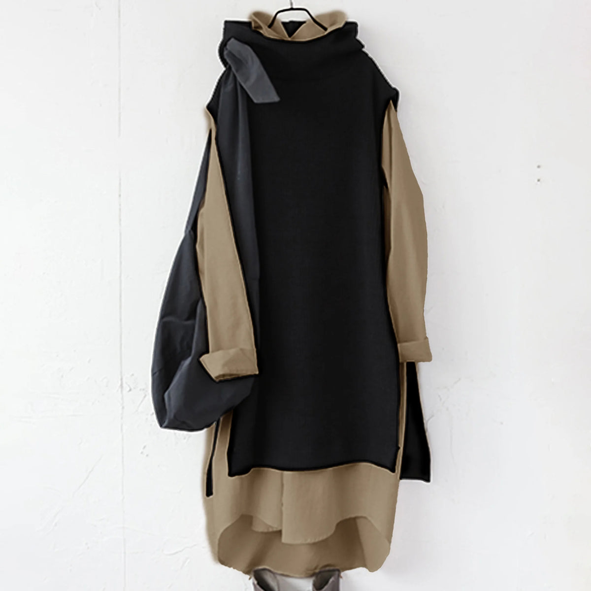 ぽわんとゆったり 秋冬レイヤードセット ニットベスト付きシャツワンピ