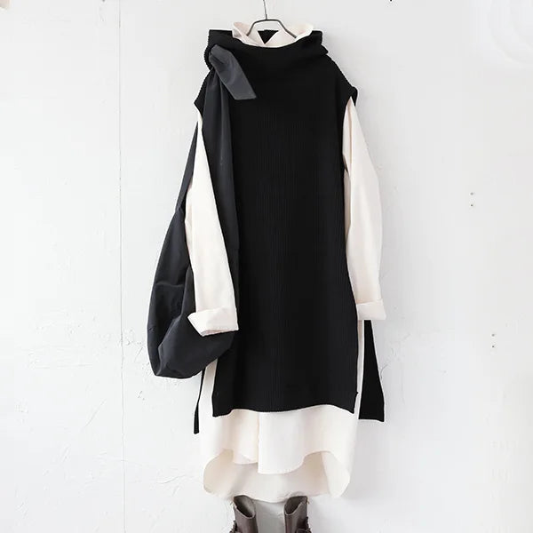 ぽわんとゆったり 秋冬レイヤードセット ニットベスト付きシャツワンピ