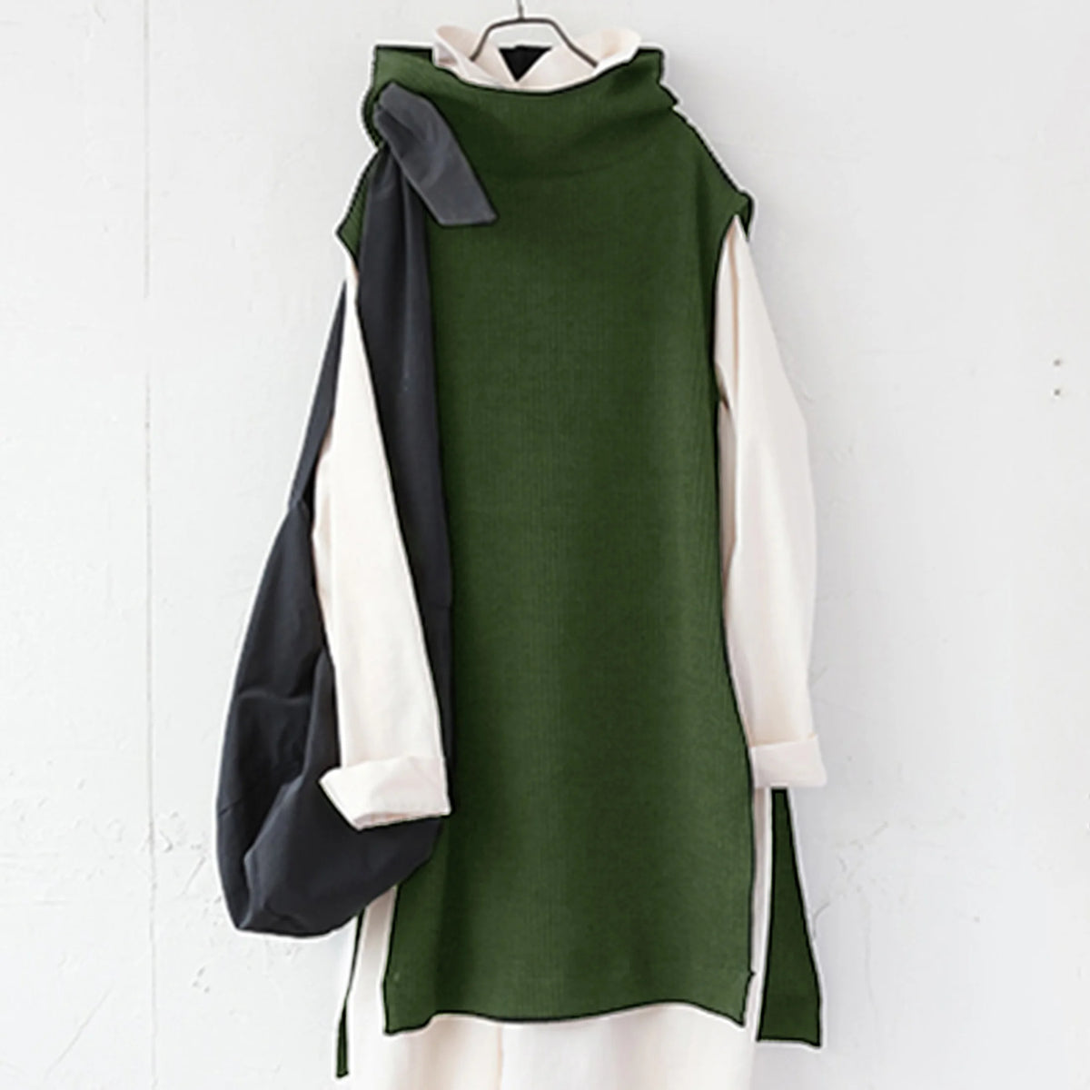 ぽわんとゆったり 秋冬レイヤードセット ニットベスト付きシャツワンピ