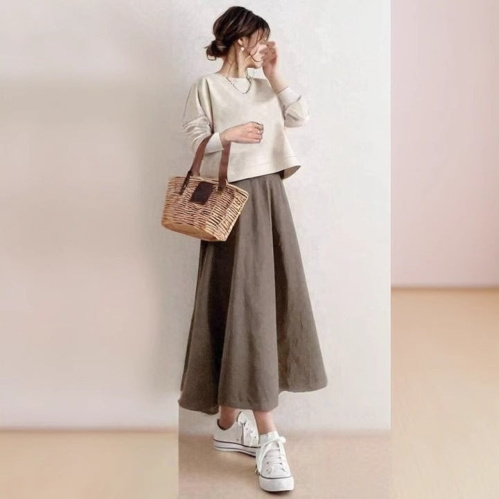 2点セットラウンドネック長袖スウェット+スカート無地｜上品さたっぷり