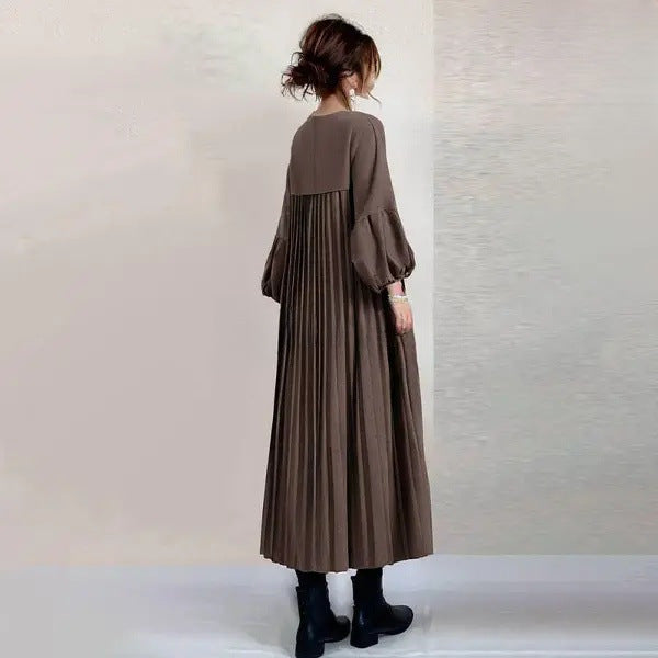 レディース ロングワンピース ギャザー Aライン ランタンスリーブ 長袖 無地 ゆったり 体型カバー ナチュラル 大人カジュアル