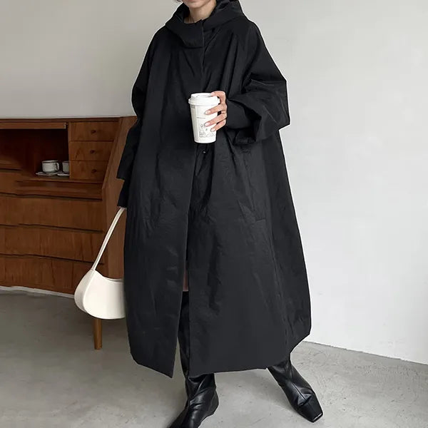 暖かい ポケット付き ロング 長袖 ジッパー フード付き トレンチコート ブラック 黒