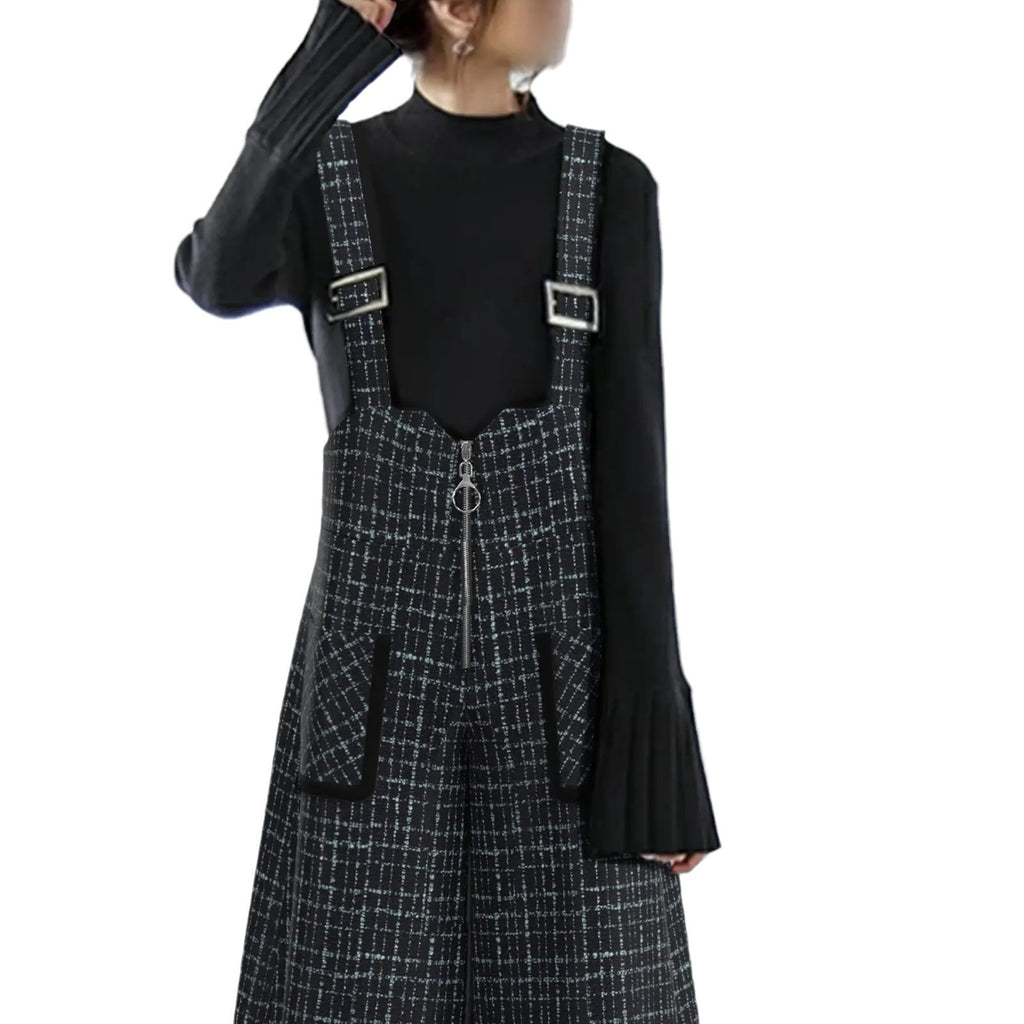 レディース チェック柄 サロペット ワイドパンツ ロング丈 ハイウエスト ポケット付き 大人カジュアル ブラック
