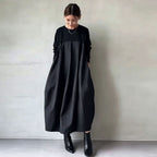 レディース 配色切替 ロングワンピース 長袖 ラウンドネック ポケット付き ゆったり 体型カバー シンプル 大人カジュアル
