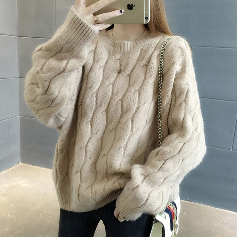 【全5色】レディース ケーブルニット セーター クルーネック 長袖 ゆったり 体型カバー 防寒 シンプル 大人カジュアル 秋冬