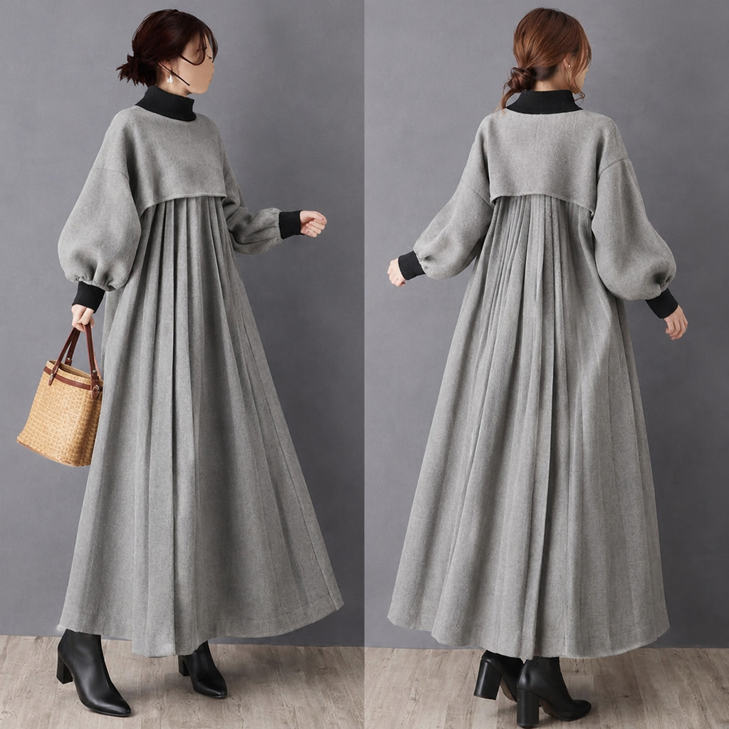 レディース ロングワンピース ハイネック ランタンスリーブ 長袖 ゆったり フレアシルエット プリーツ風 体型カバー 大人カジュアル 秋冬