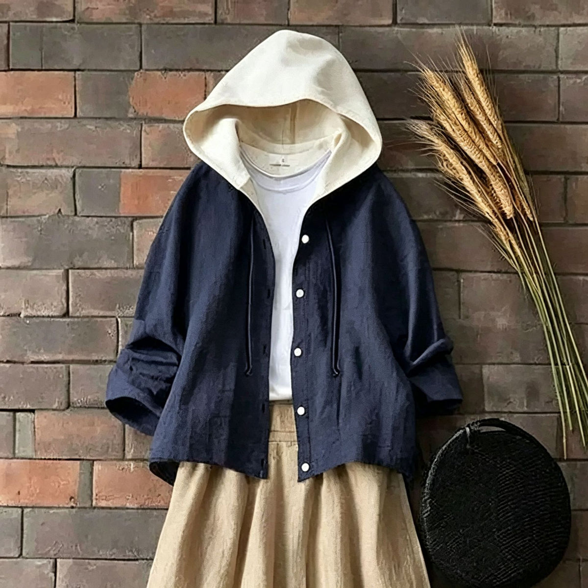 2点セット｜フード付き配色ジャケット+スカート配色Aライン｜女性に大人気