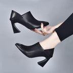 足が疲れない 高く見える ブロックヒール ポインテッドトゥ ハイヒールパンプス ブラック 黒